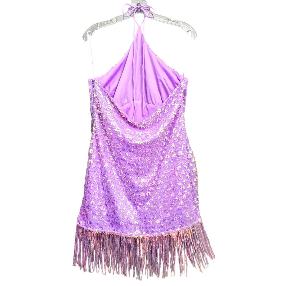 Nwt Fashion Nova Lavender Iradecent Sequin Vitamin Sea Halter Fringed Mini Dress - Picture 16 of 17
